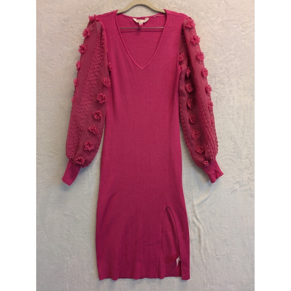 No Boundaries Pink Knit Dress M PomPom Sleeve Slit‎ Ribbed Bodycon